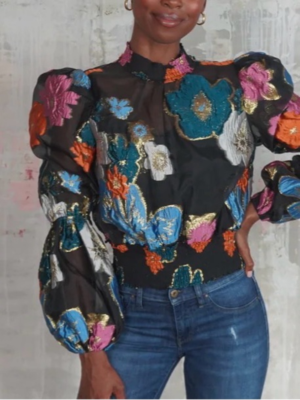 NWT XS $268 THE HOUSE OF PERNA ANNE top blouse MOD FLORAL smocked puff sleeves - Picture 3 of 9